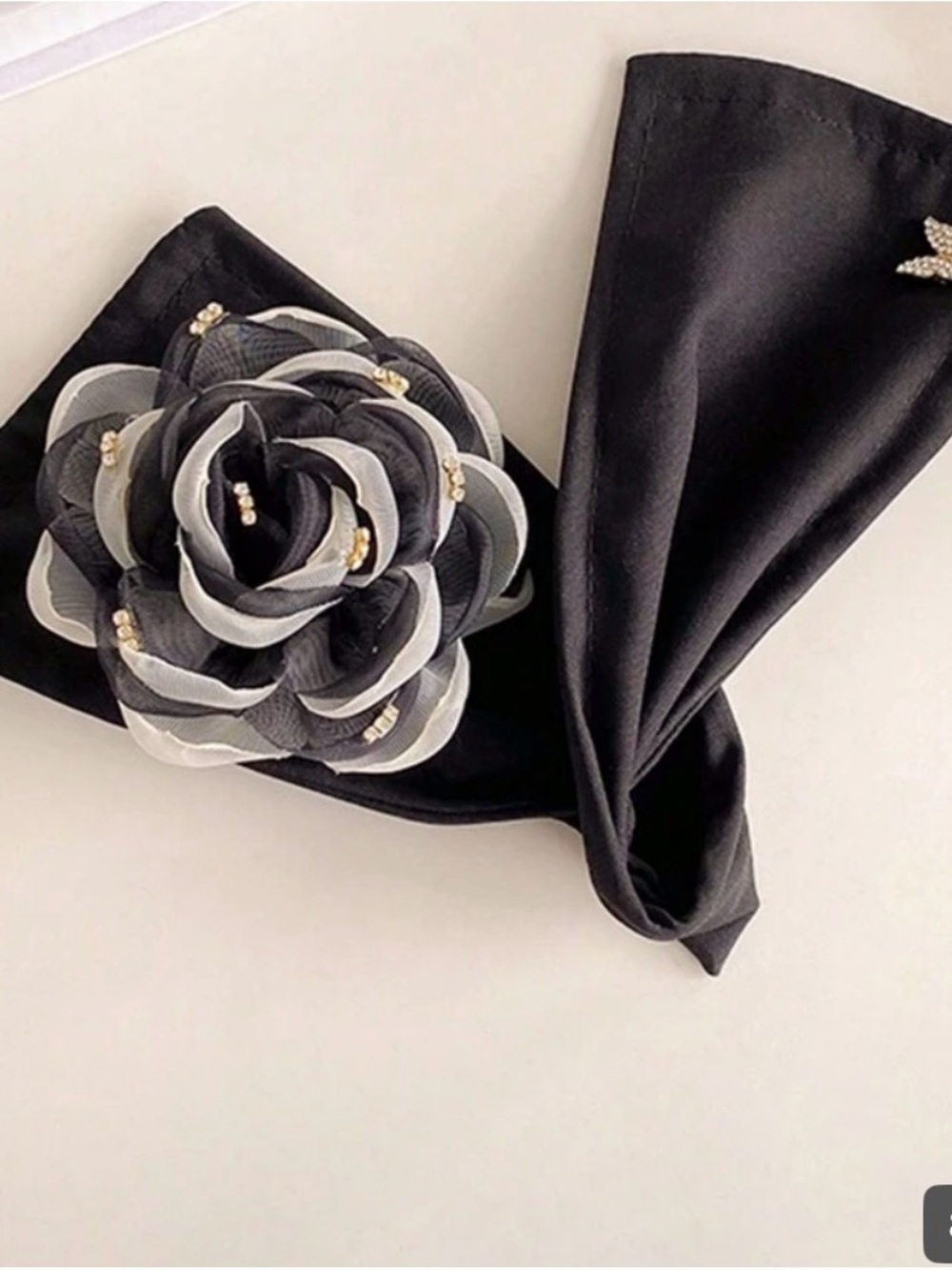 Elegant Black & White Floral Hair Tie with Beaded Accent